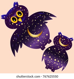 owl-night. owl silhouettes painted with a night sky with stars and a young moon