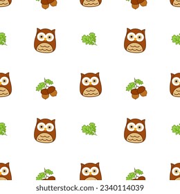 Owls and acorns on seamless pattern. Squishmallow. Owl, acorn, oak. Kawaii, Vector. Isolated vector illustration eps 10