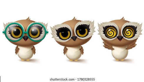 Owls animal characters vector set. Animals owl bird character in standing pose and gestures with cute facial expressions like dizzy, sleepy and friendly for wildlife design elements.