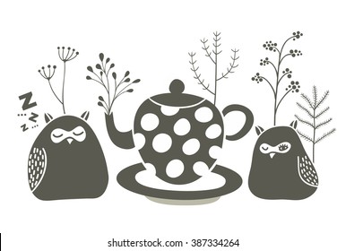 Owls ant the tea. Vector illustration of birds and tea pot.