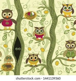 Owls in autumn seamless pattern in Scandinavian style. Owls on a tree in a autumn forest. Vector background for fabric, textile, wallpaper, posters, gift wrapping paper, napkins, tablecloths. 