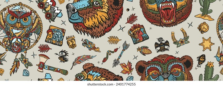 Owls and bears. Seamless pattern. Tourism symbol, adventure, great outdoor. Old school tattoo style background