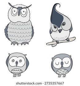 Owls, bird collection. Set of hand drawn gray birds and chicks on a branch. Black lines on a white background. Doodle.