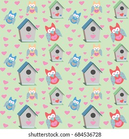 Owls and bird houses pattern