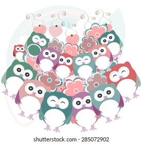 owls, birds, flowers, cloud and love heart vector