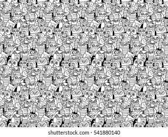 Owls birds group black and white seamless pattern. Vector illustration. EPS8