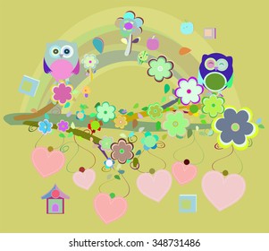 owls birds and love heart tree branch. vector