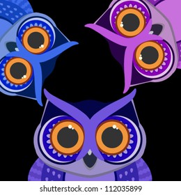 Owls birds on a scrap card. Vector background.