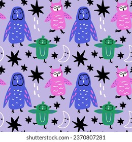 Owls Birds Seamless Kids Pattern. Childish Vector background for textile, fabric, wallpaper