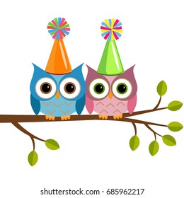 Owls in Birthday hat on the branch