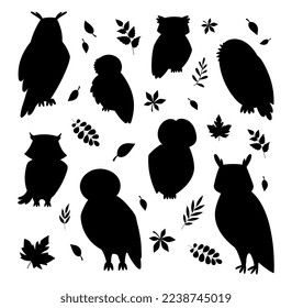 Owls black silhouette set. Bird and autumn leaves, forest dweller. Collection of graphic elements for website. Nightlife symbol. Cartoon flat vector illustrations isolated on white background