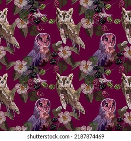 Owls with blackberries seamless pattern.