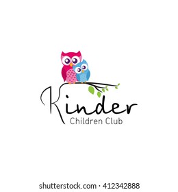 Owls in branch. Vector logo for children club