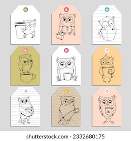 Owls cards funny birds owls in various poses. Vector tags or stickers