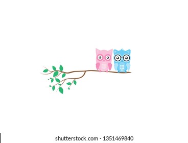 Owls cartoon illustration on branch, vector. Cute pink and blue owls on a tree. Cartoon character design. Children wall decals, art design, wall artwork isolated on white background