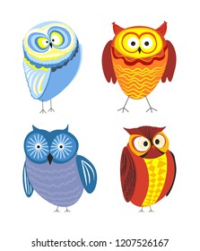 Owls cartoon kid funny characters with feather ornament.