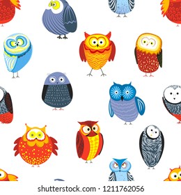 Owls cartoon kid funny characters with feather ornament seamless pattern.