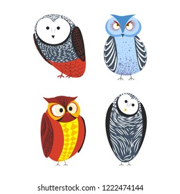 Owls cartoon kid funny characters with feather ornament. Vector isolated flat icons of owl bird in colorful abstract pattern plumage feathering decoration