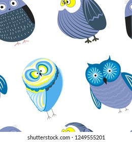 Owls cartoon kid funny characters with feather ornament seamless pattern.
