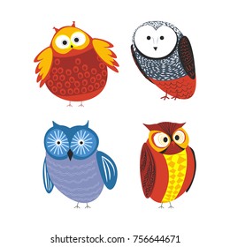 Owls cartoon kid funny characters with feather ornament.