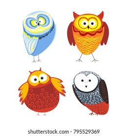 Owls cartoon kid funny characters with feather ornament.