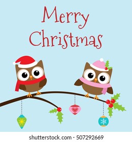 Owls in Christmas costumes sitting on branch
