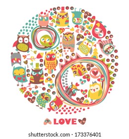 Owls circle background. Love card. Template for design cartoon greeting card