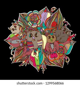 Owls in colors. Doodle drawn by hand
