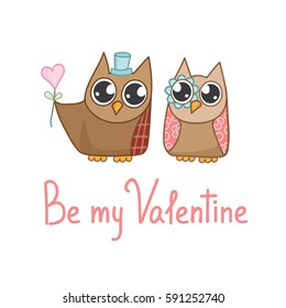 Owls Couple In Love. Fall in love. Vector illustration for Greeting cards.