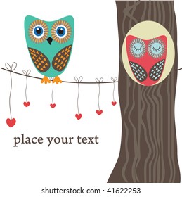 Owls couple in love on the tree. Vector