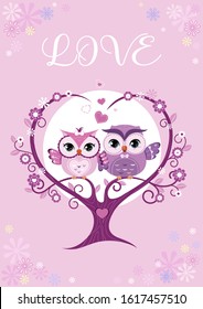 Owls couple in love sitting on a tree branch. Template for poster, card, your design. Vector.