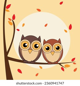 Owls couple on branches. Autumn background. Vector illustration