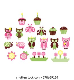 Owls, cupcakes, ladybugs, flowers. Cute vector.