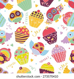 Owls and cupcakes. Vector seamless pattern.