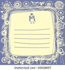 Owls cute card and sample text. Template for design cartoon greeting card and stick note