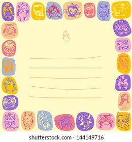 Owls cute card and sample text. Template for design cartoon greeting card and stick note