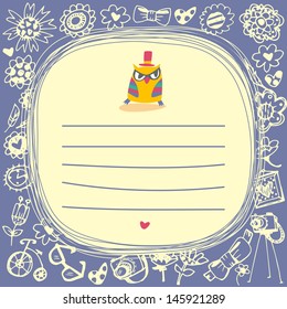 Owls cute cartoon card and sample text. Template for design cartoon greeting card and stick note