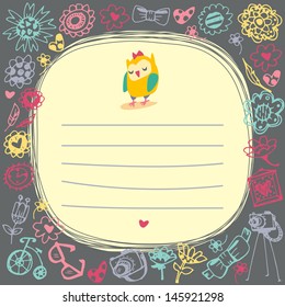 Owls cute cartoon card and sample text. Dark background. Template for design cartoon greeting card and stick note