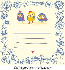 Owls cute cartoon card and sample text. Template for design cartoon greeting card and stick note