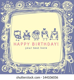 Owls cute greeting card and sample text. Template for design cartoon greeting card, wedding invitation, Valentines day background