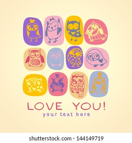 Owls cute greeting card and sample text. Template for design cartoon greeting card, Valentines day background