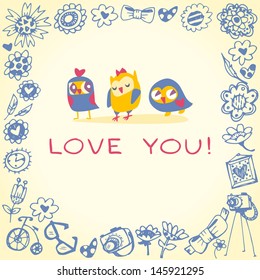 Owls cute greeting card and sample text. Template for design cartoon greeting card, wedding invitation, Valentines day background