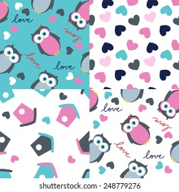 Owls cute love pattern set.  vector illustration