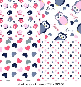 Owls cute love pattern set.  vector illustration