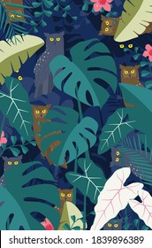 Owls in dark night forest