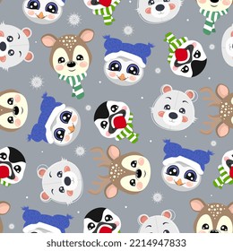 Lechuzas, ciervos, osos y pingüinos, patrón sin costura. Ilustración del vector