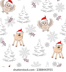 Owls and deer in a red Santa hat among snow-covered fir trees. Seamless pattern on a white background, decorated with red berries and snowflakes. Vector illustration.