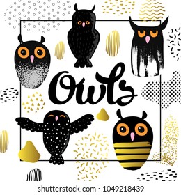 Owls Design in Childish Style. Kids Background with Cute Birds and Abstract Elements for Decor, Covers. Vector illustration