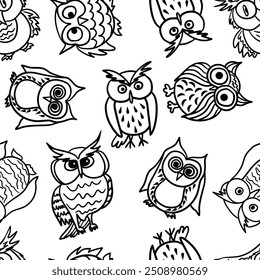 Corujas diferentes tipos de aves na ilustração de vetor estilo doodle 