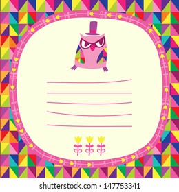 Owls doodle frame and triangles seamless background. Place for text. Hand drawn vector illustration.
